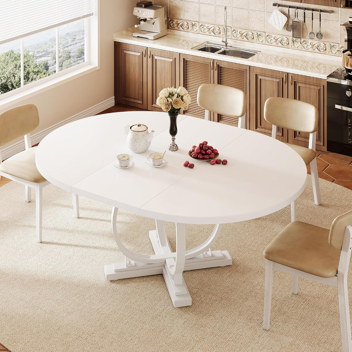iPormis 59'' Extendable Round Dining Table for 4 to 6, Kitchen Table with Sturdy X-Base Metal Legs, MDF Board with Backboard Clasp, Space Saving, Easy Assembly, Kitchen, Dining Room, White
