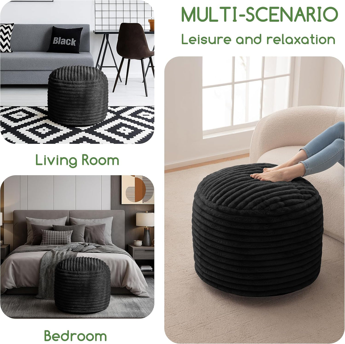 HIGOGOGO Round Stuffed Pouf Ottoman, Corduroy Poufs with High-Density Foam Filling, Furry and Fluffy Pouf Foot Stool Storage Ottoman, 20 X 15 Floor Poufs Foot Rest for Living Room, Black
