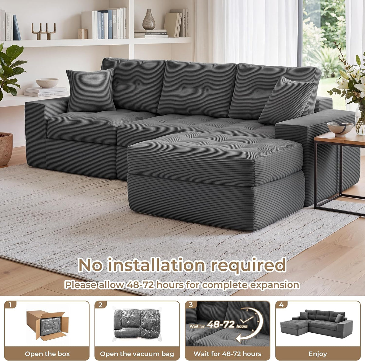 100" L Shaped Cloud Couch with Ottoman, Couches for Living Room | Modular Sectional Sofa, Upholstered Cloud Sofa with Layered Cushion, Dark Grey Sectional Couch, No Assembly
