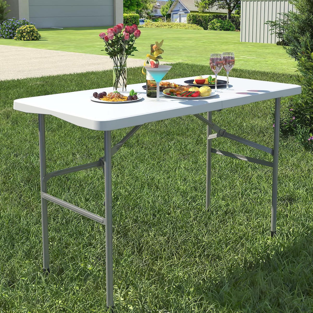 4 FT Folding Tables for Camping Party Picnic, Dinning, School, White | 4 Foot Plastic Foldable Table, Portable Heavy Duty Fold Up Table with Lock Function & Carrying Handle for Indoor Outdoor Use