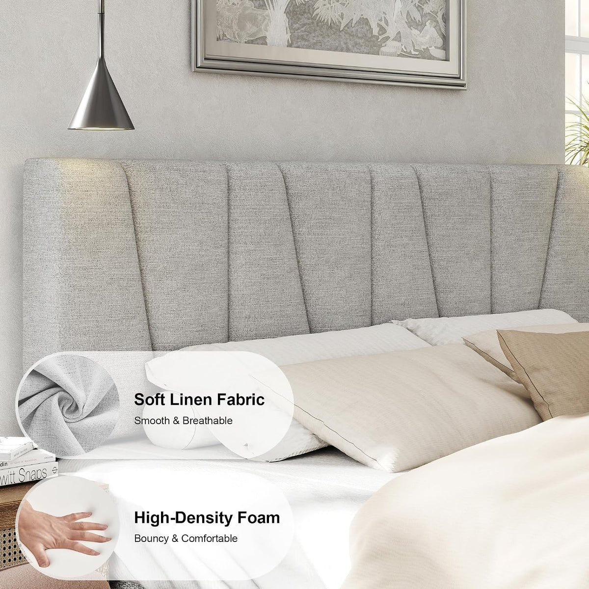 HAOARA King Size Bed Frame with Fabric Upholstered Headboard, Platform Bed with Wooden Slats Support, Fully Mattress Foundation, Box Spring Optional, Easy Assembly, Light Grey