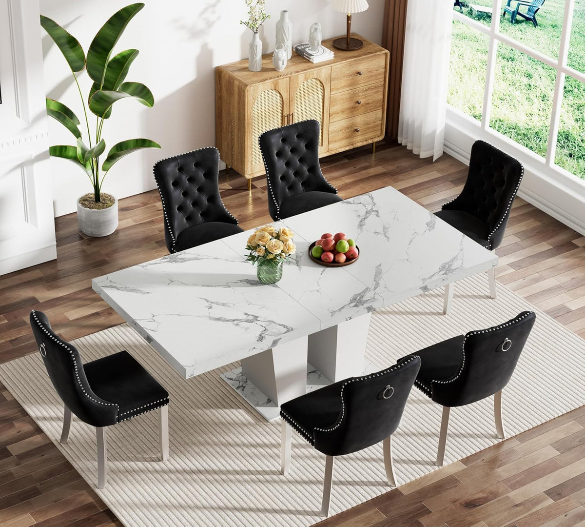 Faux Marble Extendable Dining Table Set for 6, Modern White Kitchen Table Set with 6 Black Tufted Chairs, 7 Piece Extendable Dining Table Set, 63"-78.7" Expandable Dining Table with Sturdy Base