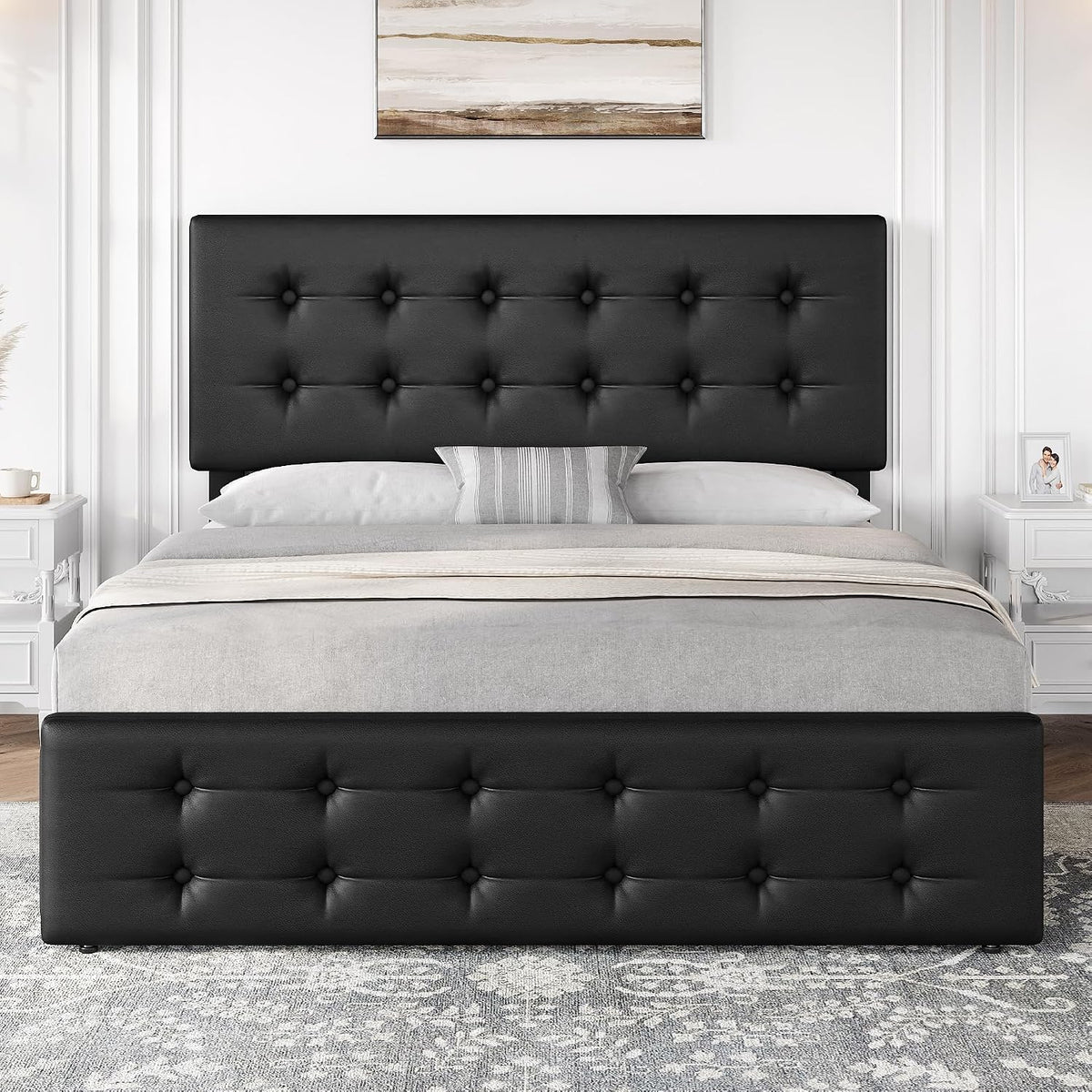 IDEALHOUSE Queen Size Bed Frame with 4 Storage Drawers and Headboard, Black