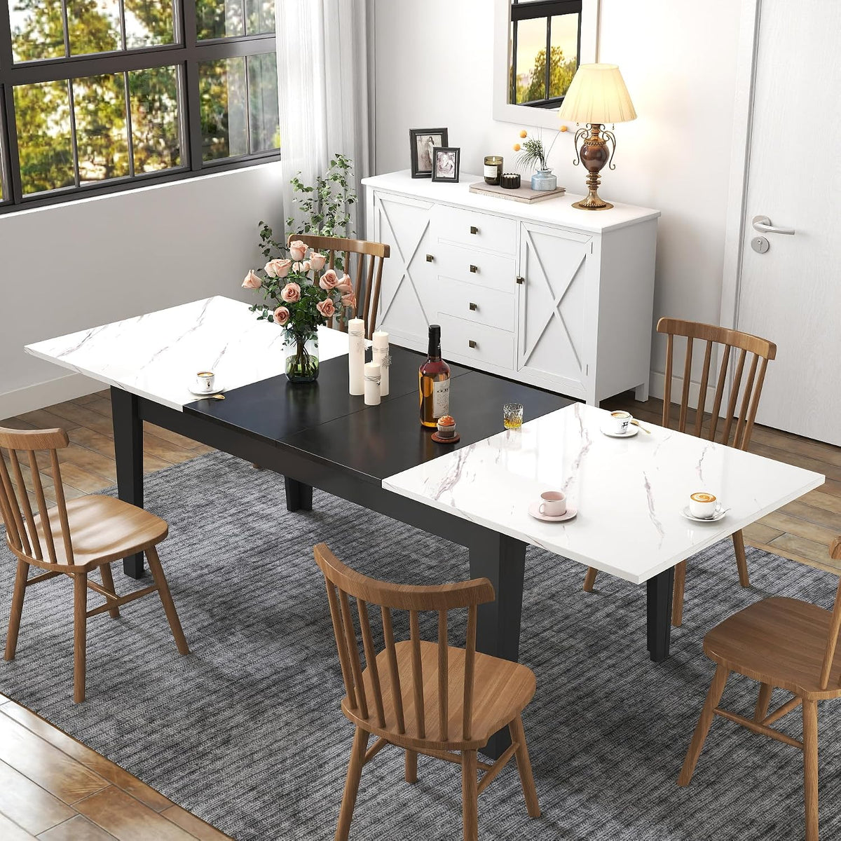 KEIKI 70.87”-106.3”L Extendable Dining Room Table for 6-10 People, Wood Modern Rustic Rectangle Expandable Kitchen Living Meeting Room Gatherings Furniture, 3 Tabletop Length Options, Marble White