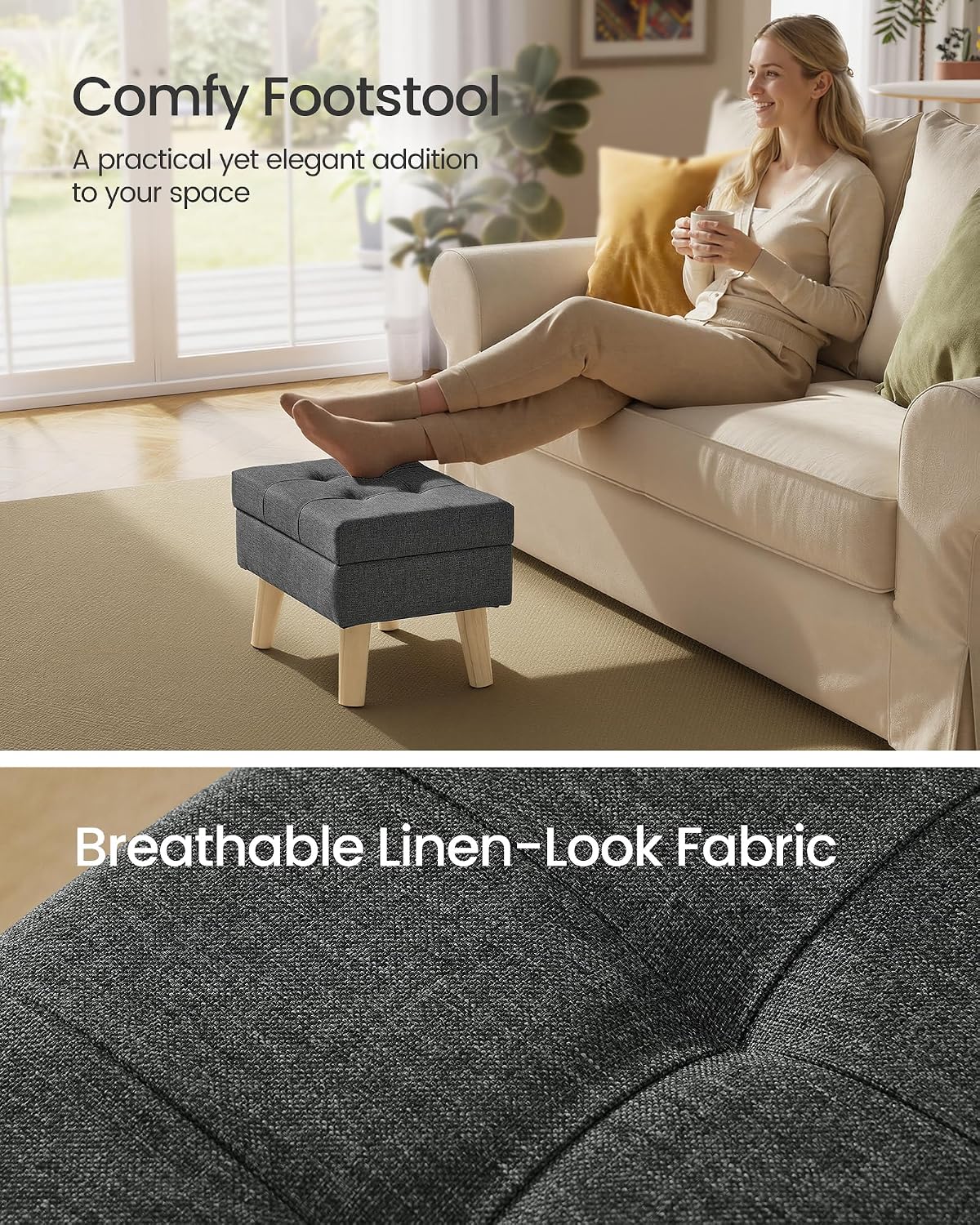 SONGMICS Storage Ottoman, Foot Stool, Ottoman with Padded Seat, Foot Rest with Wood Legs, Small Table, for Hallway, Living Room, 11.8 x 15.7 x 11.4 Inches, Linen-Look Fabric, Slate Gray ULOM517GN01