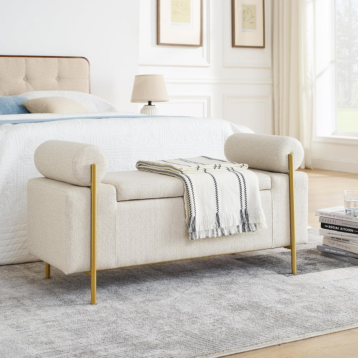 Storage Ottoman for Bedroom 44" with Safety Hinge, Upholstered Entryway Bench, Modern Linen Foot Rest with Arms,for Bedroom, Living Room, Entryway (Beige)