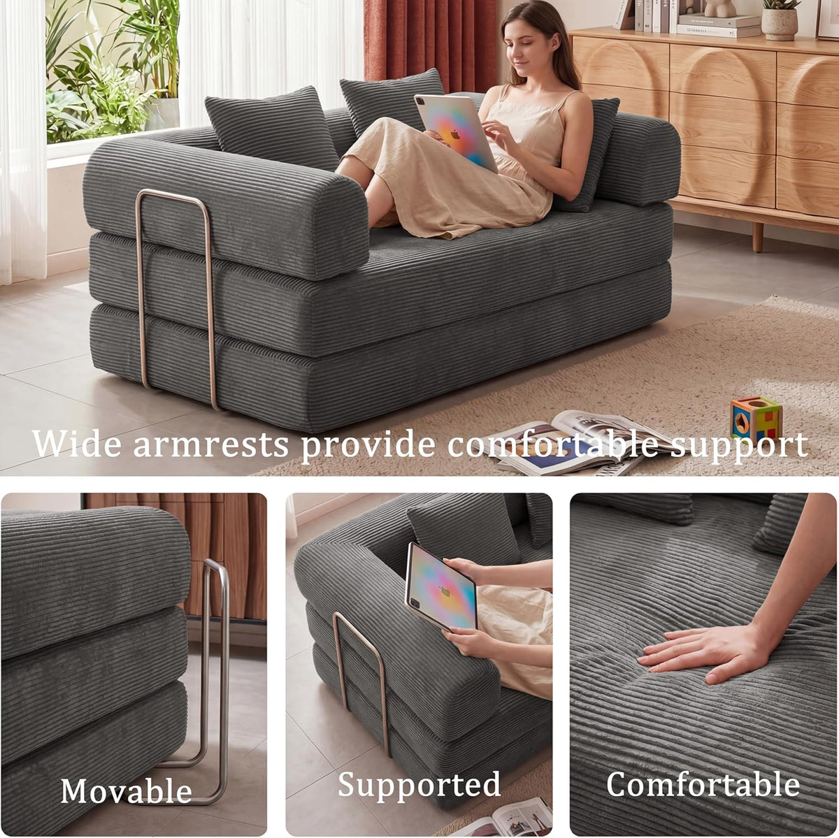 Futon Sofa Bed Modular Loveseat Sleeper Folding Pull Out Couch with Pillows, No Assembly Required Couch for Living Room Bedroom Guest Room (Grey, 53.15" Loveseat Sofa)