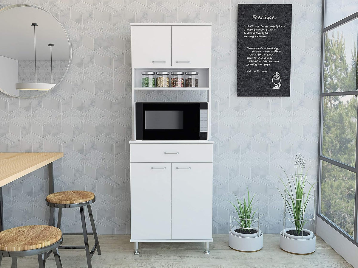Kitchen Pantry with Countertop, Closed & Open Storage -White