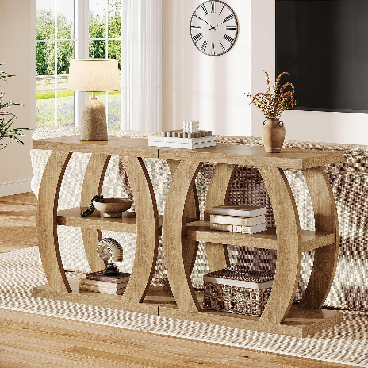 Tribesigns End Table for Living Room, 3-Tier Narrow Side Table with Storage, Farmhouse Wooden Beside Table with Geometric Frame, Tall Nightstand for Bedroom, Small Spaces, Natural Oak