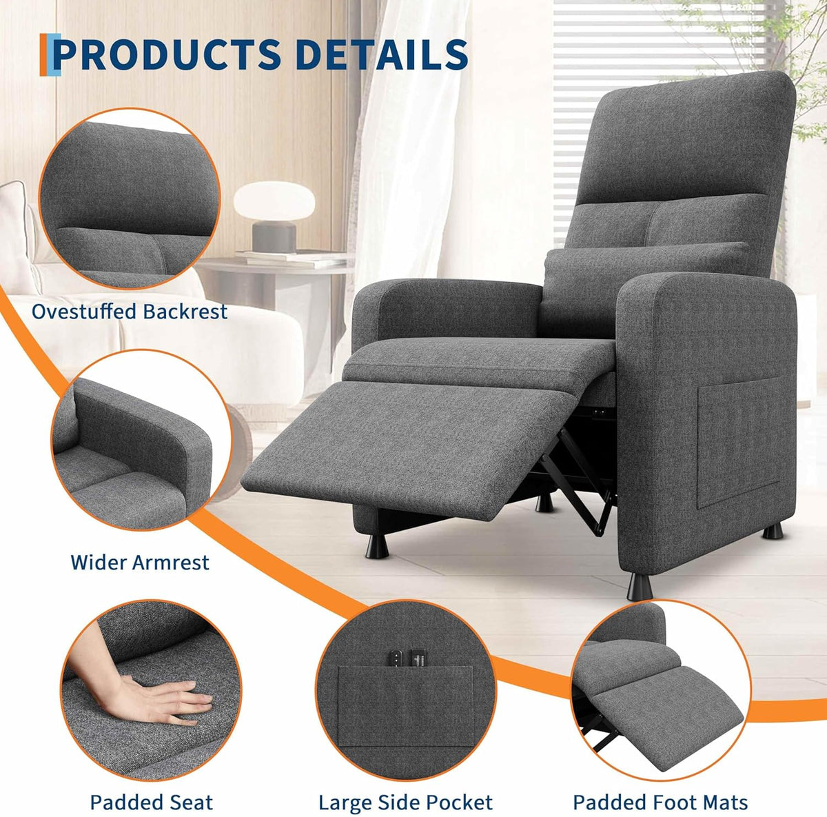 Garvee Power Recliner Chair, Adjustable Electric Recliner Ergonomic Overstuffed Single Sofa, Padded Seat, Side Pockets and USB Port, Home Theater Seating for Living Room