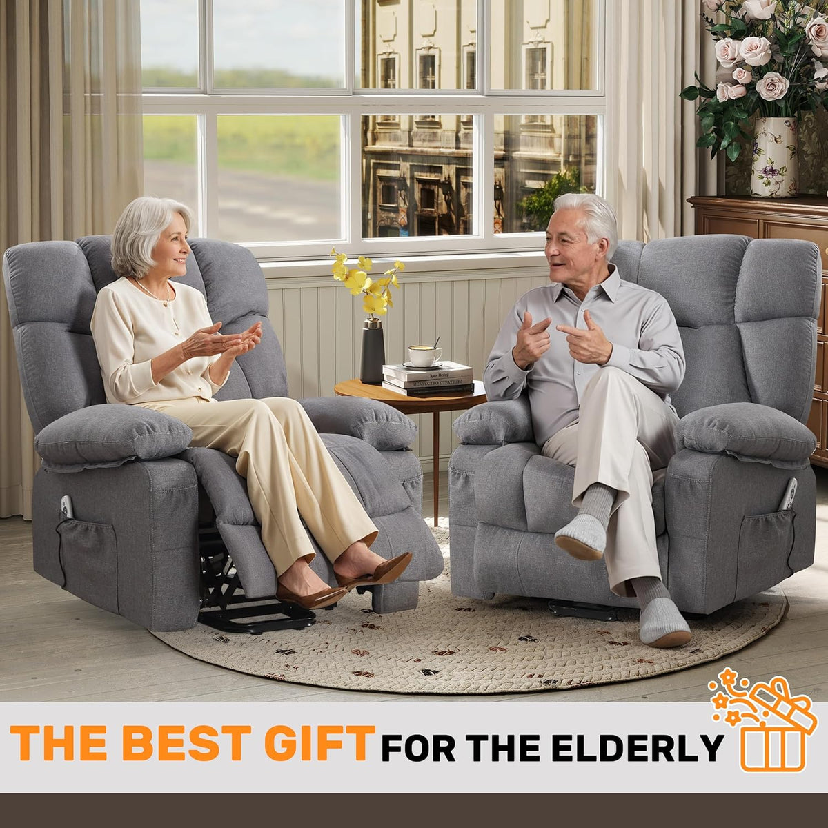 jonpony Power Lift Recliner Chair for Elderly, Big and Tall Lift Chair with Massage and Heat for Living Room, Fabric Electric Recliner Chairs with 4 Side Pockets, USB Charge Port, Grey