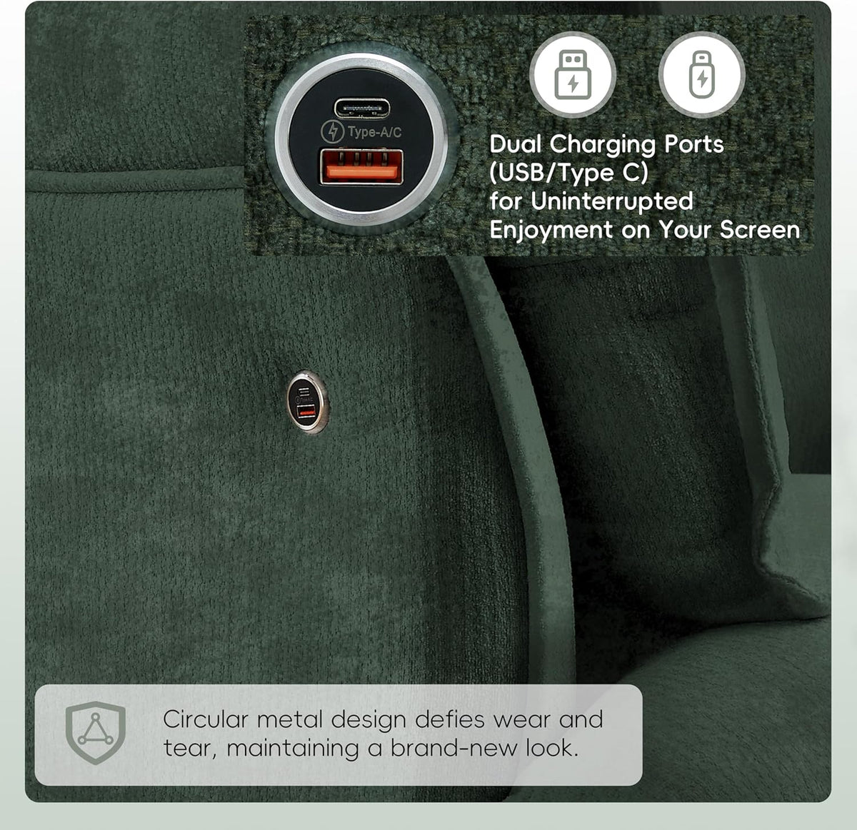 ERYE 47" Chenille Upholstered Accent Chair Wide Seat Armchair for Living Room Bedroom, Modern Upholstered Armchair W/ 2 Pillows and USB-C Ports for Home Apartment Office