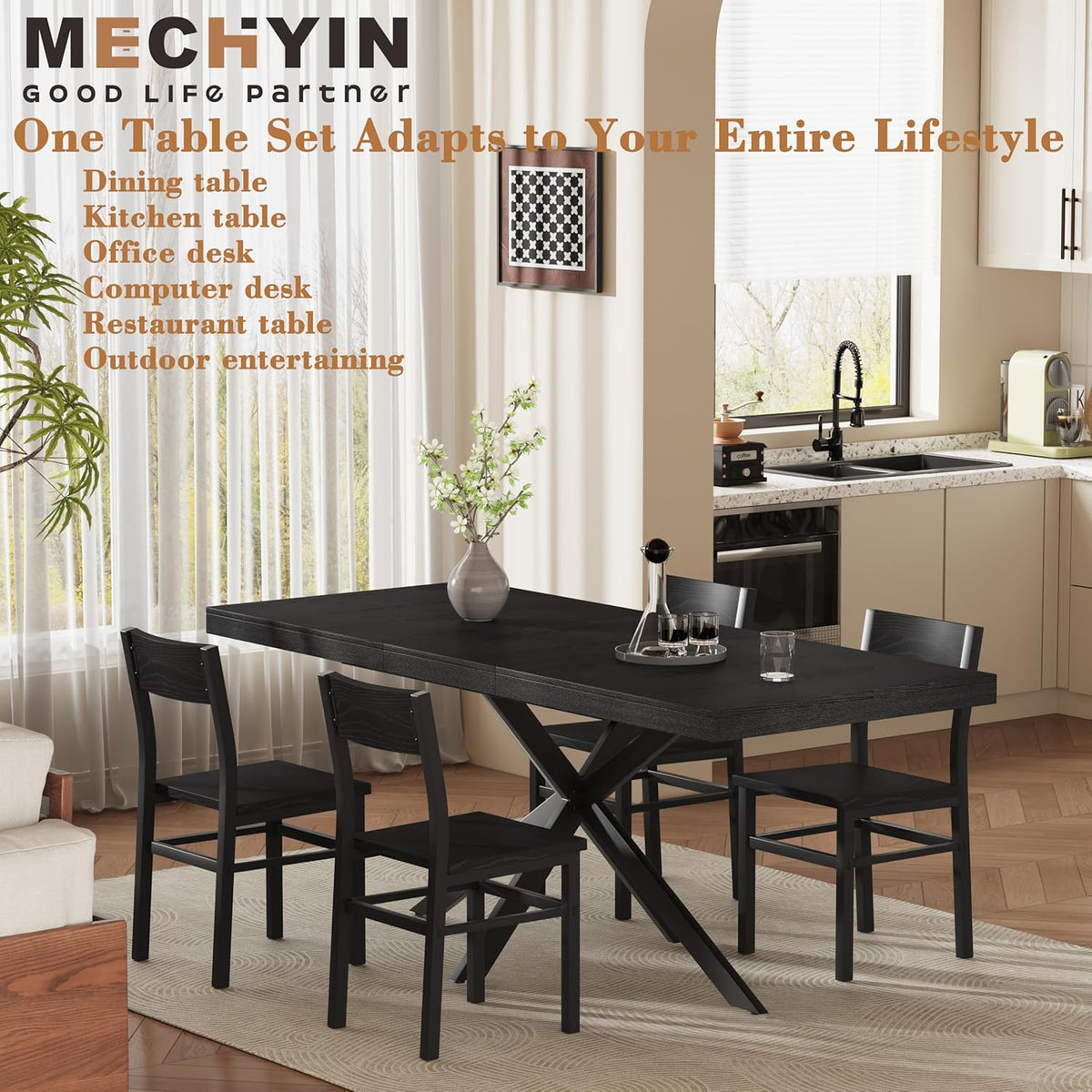 5-Piece Dining Table Set for 4 6 8, Large 55"-70.9" Extendable Dining Room Table Rectangle with Kitchen Chairs of 4, MDF Wood & Metal Frame for Apartment Kitchen, Saving Space, Modern, Black