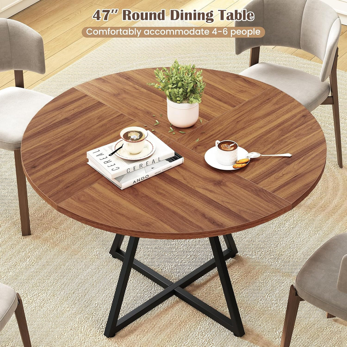 KOTEK 47 Inches Round Dining Table for 4, Farmhouse Kitchen Table with Storage Shelf, X-Shaped Metal Base, Adjustable Foot Pads, Circle Dinner Table for Dining Room, Living Room