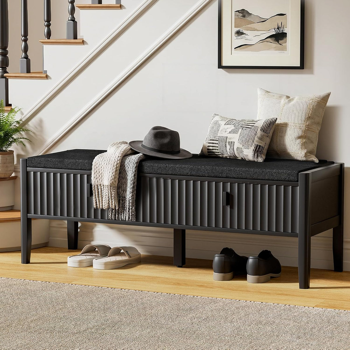 Furniway Black Fluted Shoe Bench with 2 Drawers, Entryway Storage Bench with Thick Padded Cushion Seat, Open Bottom Shoe Storage Shelf for Hallway, Living Room, Bedroom, 47.2" W