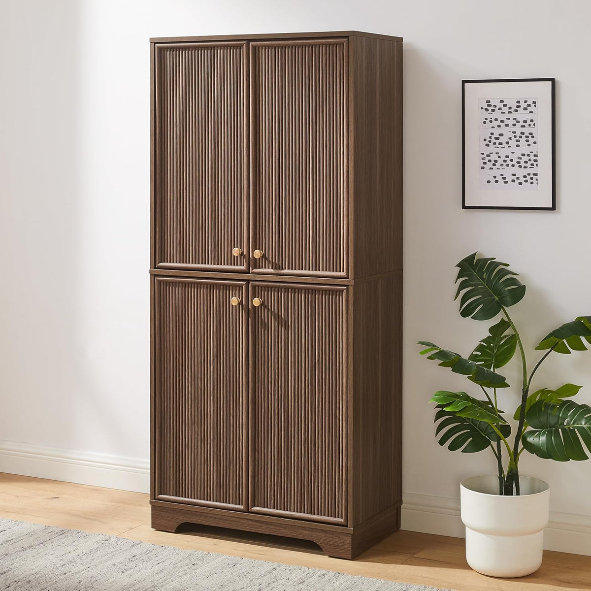 Crosley Furniture Naomi Modern Reeded Kitchen Pantry Storage Cabinet, Dining, Laundry Room, Bathroom, Walnut