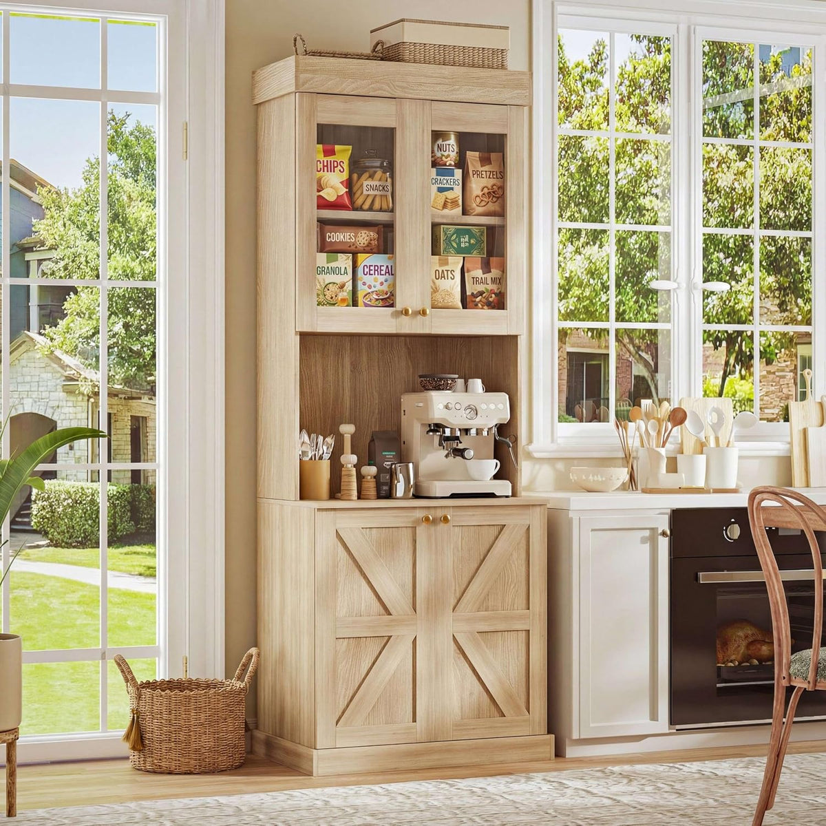 Vyre 71" Farmhouse Pantry Cabinet Set of 2, Rustic Brown Freestanding Coffee Bar Hutch with Glass Doors & Adjustable Shelves, Microwave Stand for Kitchen, Living Room