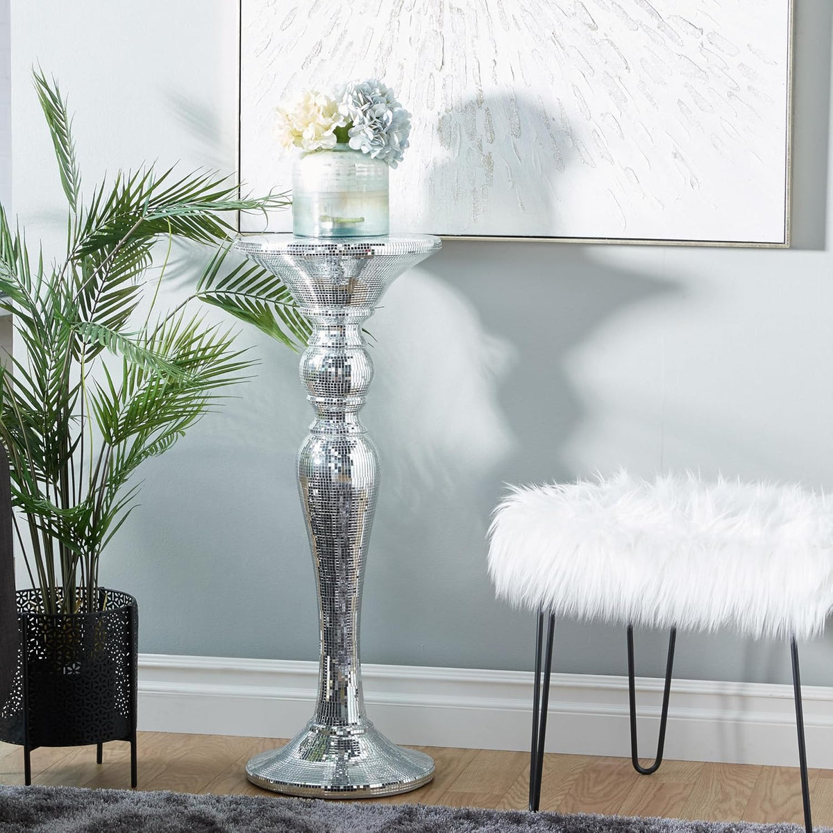 Deco 79 Polystone Round Pedestal Table with Mosaic Mirror Inlay, 14" x 14" x 36", Silver