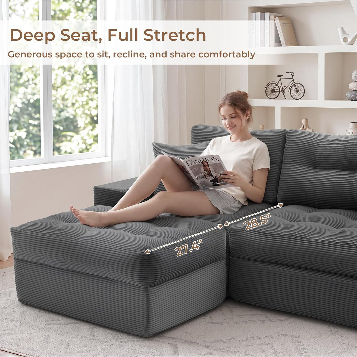 100" L Shaped Cloud Couch with Ottoman, Couches for Living Room | Modular Sectional Sofa, Upholstered Cloud Sofa with Layered Cushion, Dark Grey Sectional Couch, No Assembly