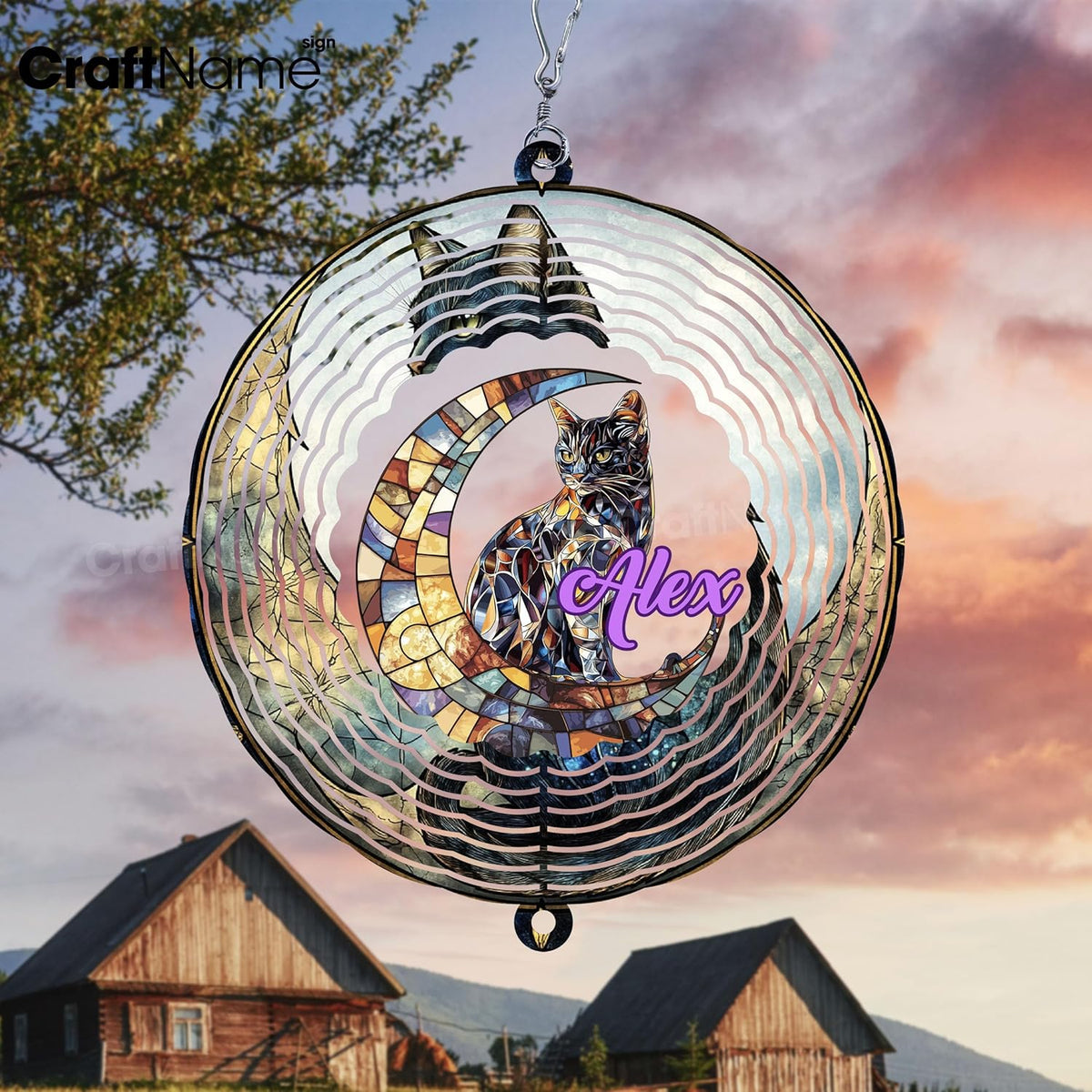 Personalized Cat & Moon Wind Spinner 3D Stainless Steel, Cat Garden Spinner Hanging Outdoor Decor, Wind Spinners Outdoor, Custom Gift for Grandmother, Mom, Wife