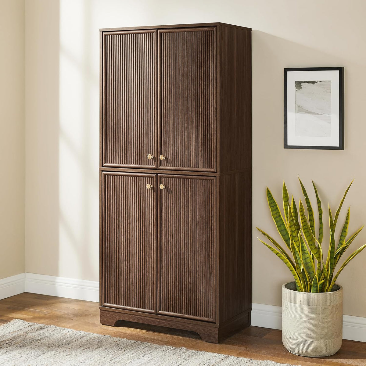 Crosley Furniture Naomi Modern Reeded Kitchen Pantry Storage Cabinet, Dining, Laundry Room, Bathroom, Walnut