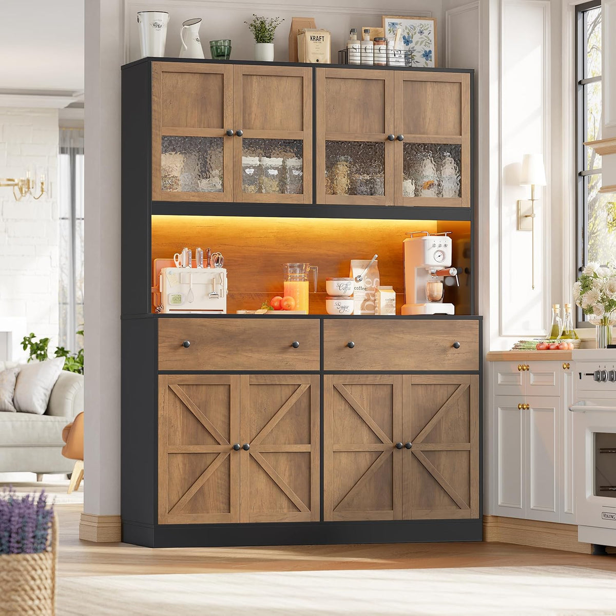 FINETONES 71" Pantry Cabinet with LED Light and Charging Station | Farmhouse Kitchen Pantry Cabinet with Microwave Stand, 47.2" Wide Kitchen Hutch Food Pantry with Open Countertop, Black/Brown
