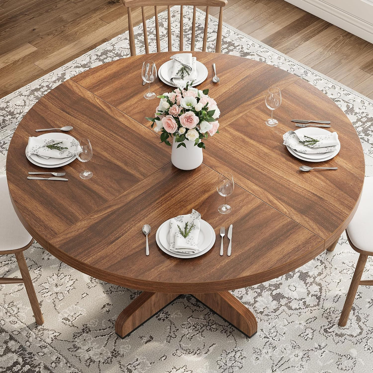 Garvee 47 Inch Round Dining Table for 4, Farmhouse Kitchen Dining Room Circle Dinner Table, Kitchen Dining Room Furniture, Walnut (Table Only)
