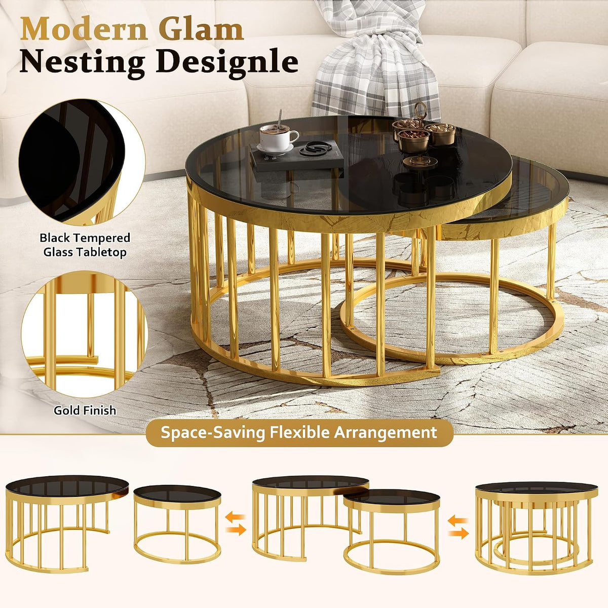 Round Nesting Coffee Table Set of 2 with Gold Frame & Mirrored Top, Black | Modern Circular Cocktail Tables with Tempered Glass, Space-Saving for Living Room & Apartment