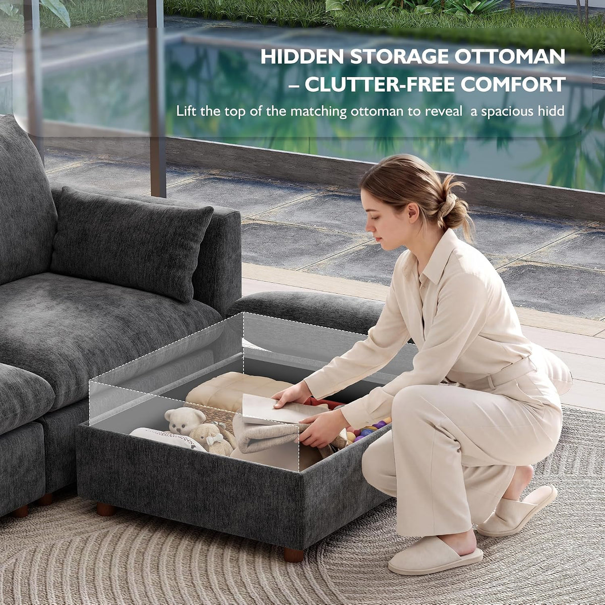 Ihanherry 146" Oversized Modular Sectional Sofa, Modern V Shaped Cloud Couch with 2 Storage Ottoman, 8-Seat Comfy Chenille Deep Seat Sofa with 2 Pillows for Living Room, Grey