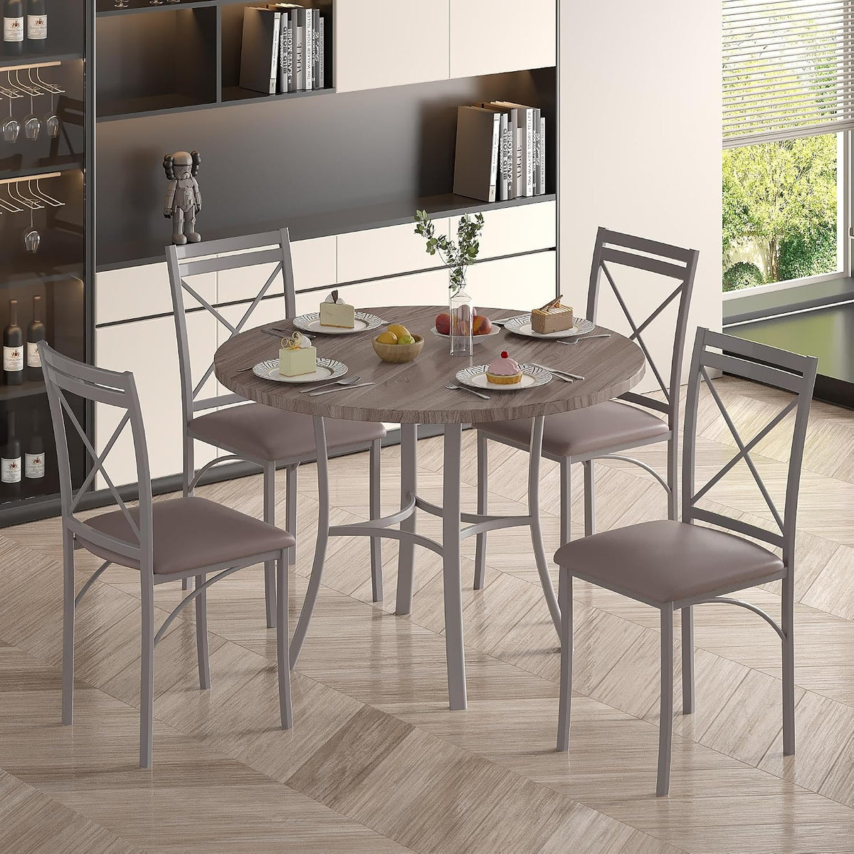 VECELO 5 Piece Dining Table Set for 4, Wood Grain Dinette with Chairs for Kitchen, Breakfast Nook, Small Space, Light Grey