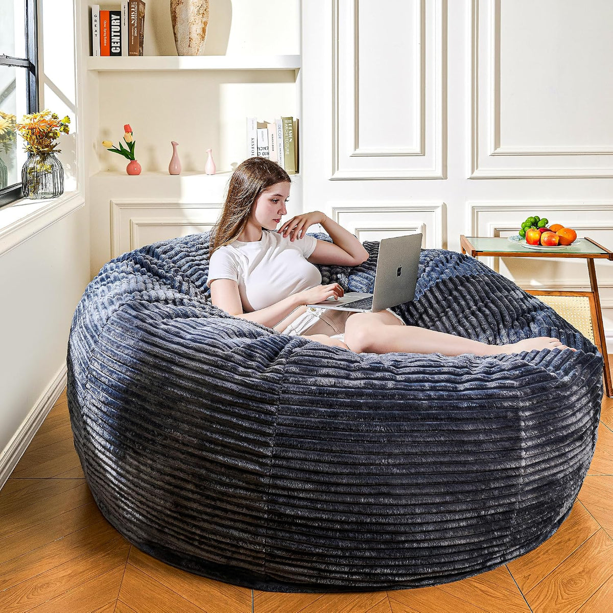 6FT Bean Bag Chair for Adults, Giant Beanbag with Shredded Memory Foam Filling, Premium Corduroy Cover Oversized Floor Lounger, Comfy Sofa Chair for Bedroom, Living Room & Dorm (Grey)