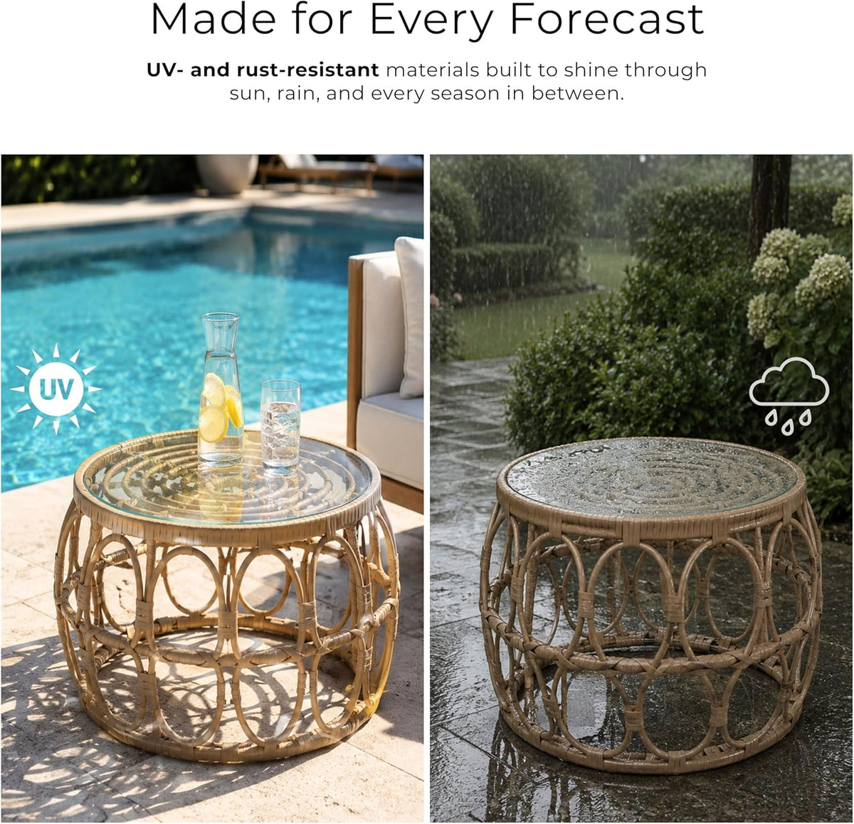 Furniture of America Ysar Boho Rattan Round Coffee Table Outdoor with 5mm Tempered Glass Top, All-Weather and Rust Resistant Patio Furniture
