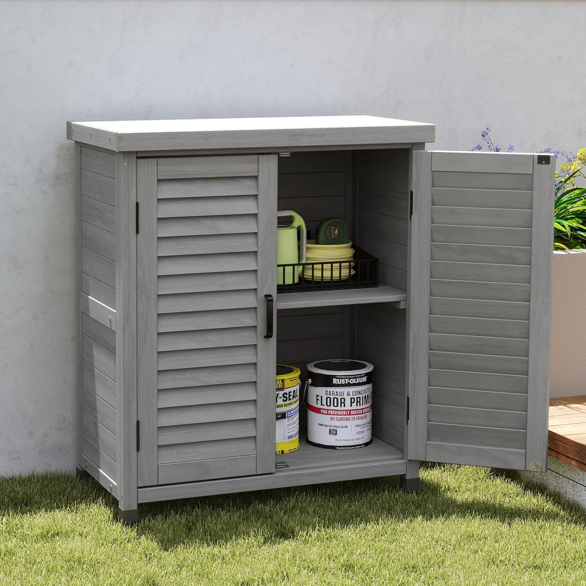 32" Solid Wood Storage Cabinet, Sideboard Cabinets with Metal Table Top, Living Room Organizer with Louvered Ventilation for Outdoor Patios, Grey