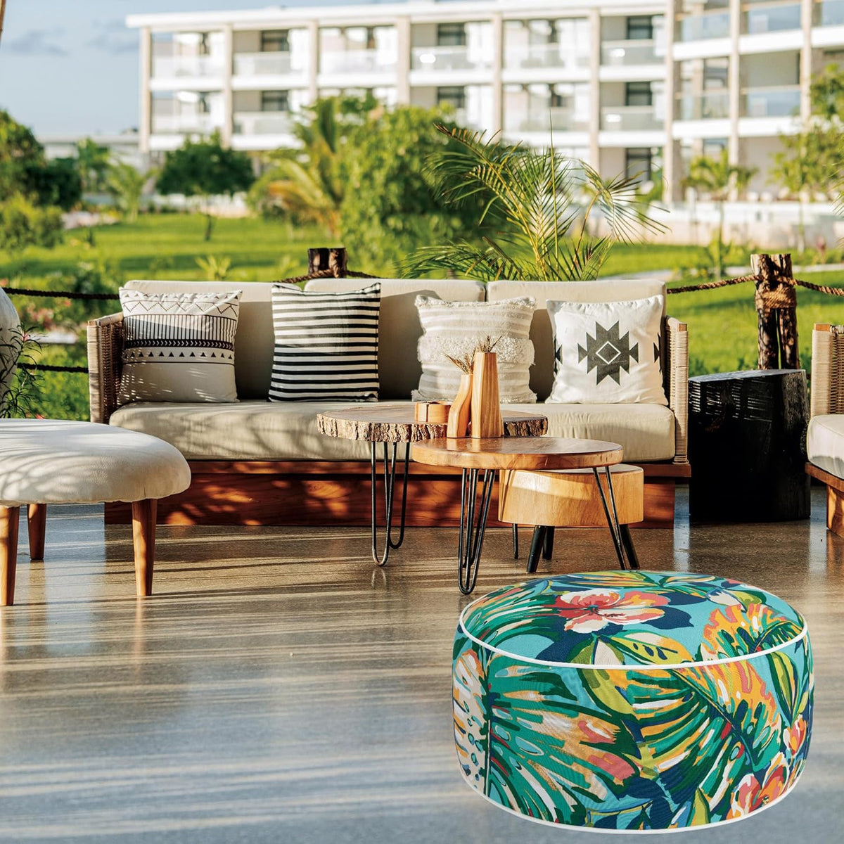 FUNHOME Inflatable Stool Ottoman Footrest with Handle, All Weather Footrest Seat D20 xH9, Water Repellent Footstool Pouf for Home Patio Garden and Camping Use-Rosario Flower Leaf