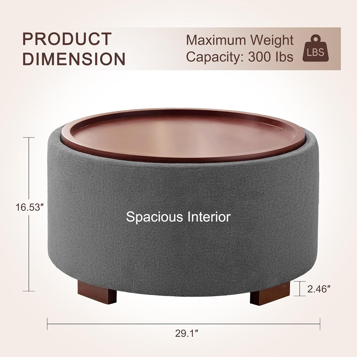 29.1 Inch Round Ottoman Coffee Table, Ottoman with Storage, Boucle Grey | Storage Ottoman with Removable Lid Top, Solid Wood Legs, Round Ottoman for Living Room, Bedroom, Apartments