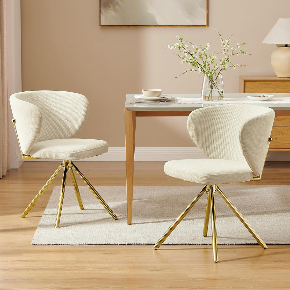 Art Leon Swivel Dining Chairs Set of 2 - Modern Fabric Upholstered Kitchen Dining Room Chairs, Armless Accent Chairs with Golden Metal Legs, Side Chairs for Vanity, Off White