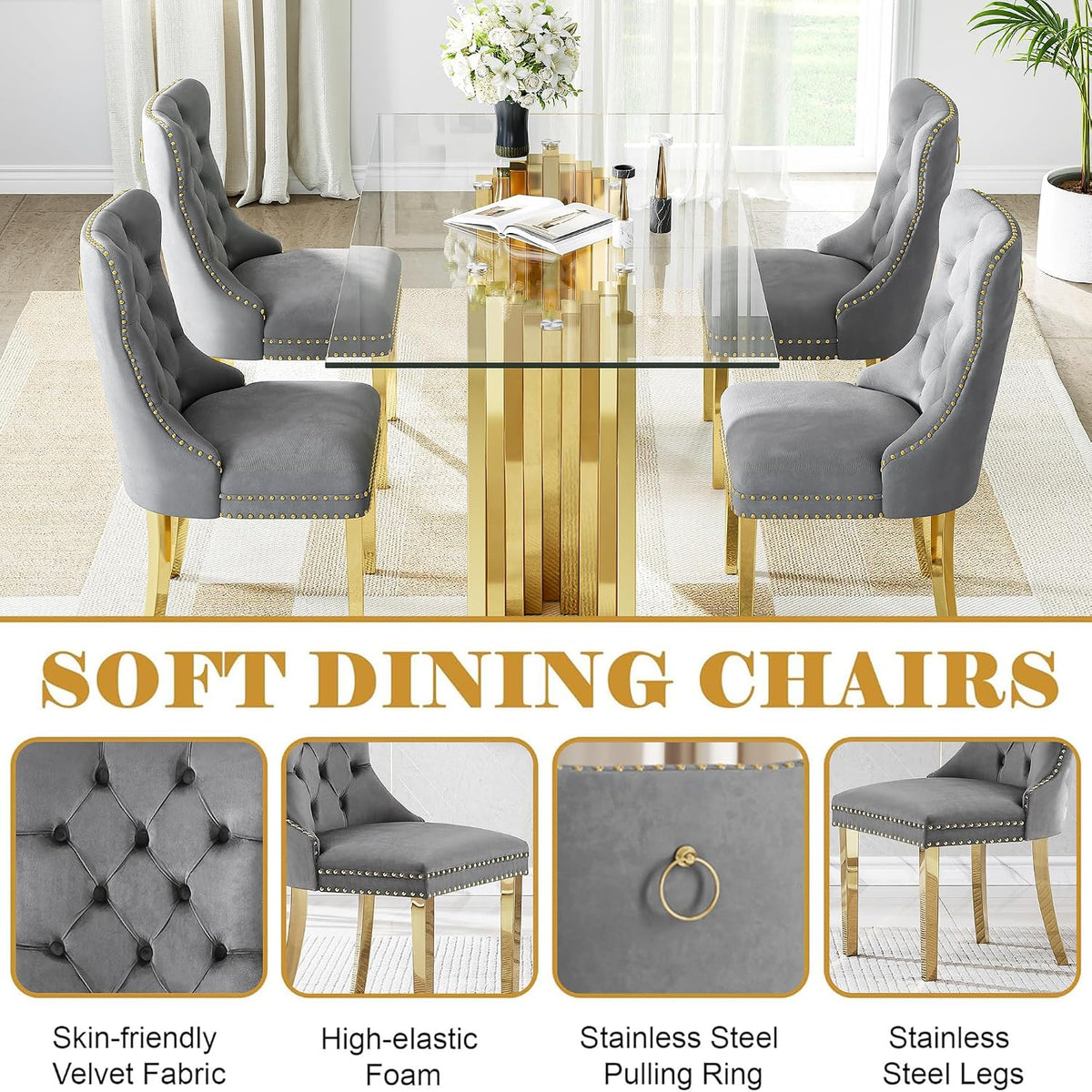 Grey Velvet Dining Chairs Set of 4, Mid Century Modern Kitchen & Dining Room Chairs, Fabric Tufted Dinning Chairs, Velvet Upholstered, Wing Back, Pull Ring, Stainless Steel Legs, Gold
