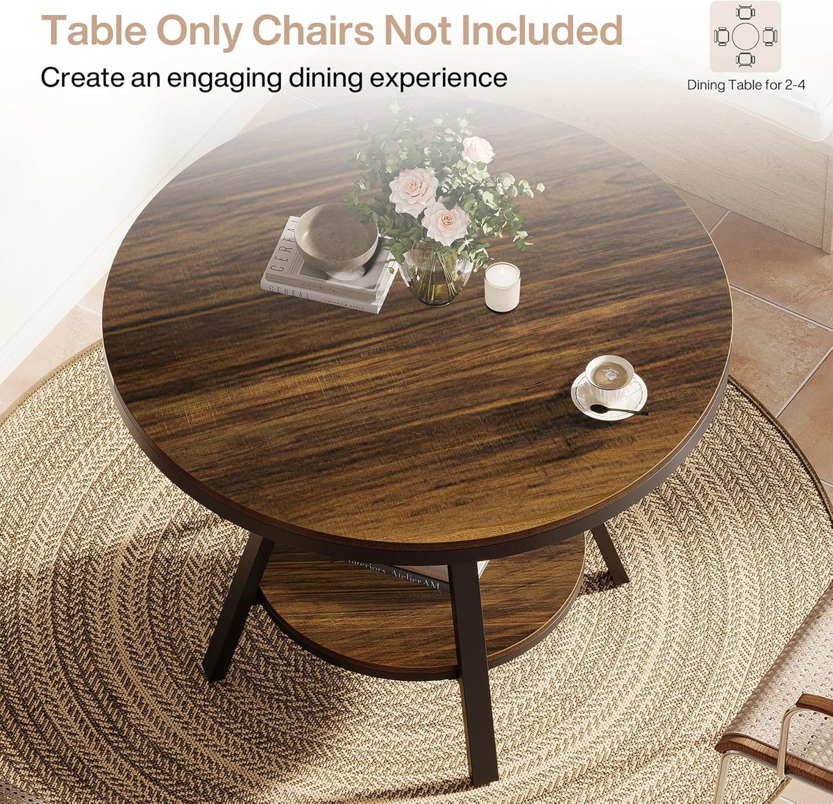 Tribesigns 2-Tier Industrial Round Dining Table, Small Kitchen Dinner Table for 2-4 People, 35-Inch Circle Wood Kitchen & Dining Room Furniture with Sturdy Metal Leg, Rustic Brown