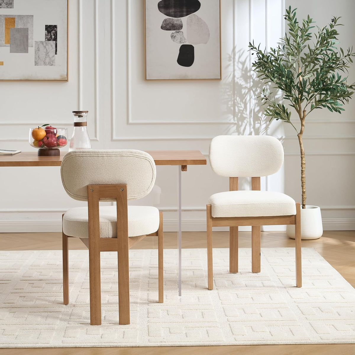 RGZ Mid Century Wooden Dining Chairs Set of 4, Modern Fabric Upholstered Beige Kitchen Chair with Curved Backrest, Farmhouse Dinner Chairs and Wood Frame Legs for Kitchen, Living Room, Home