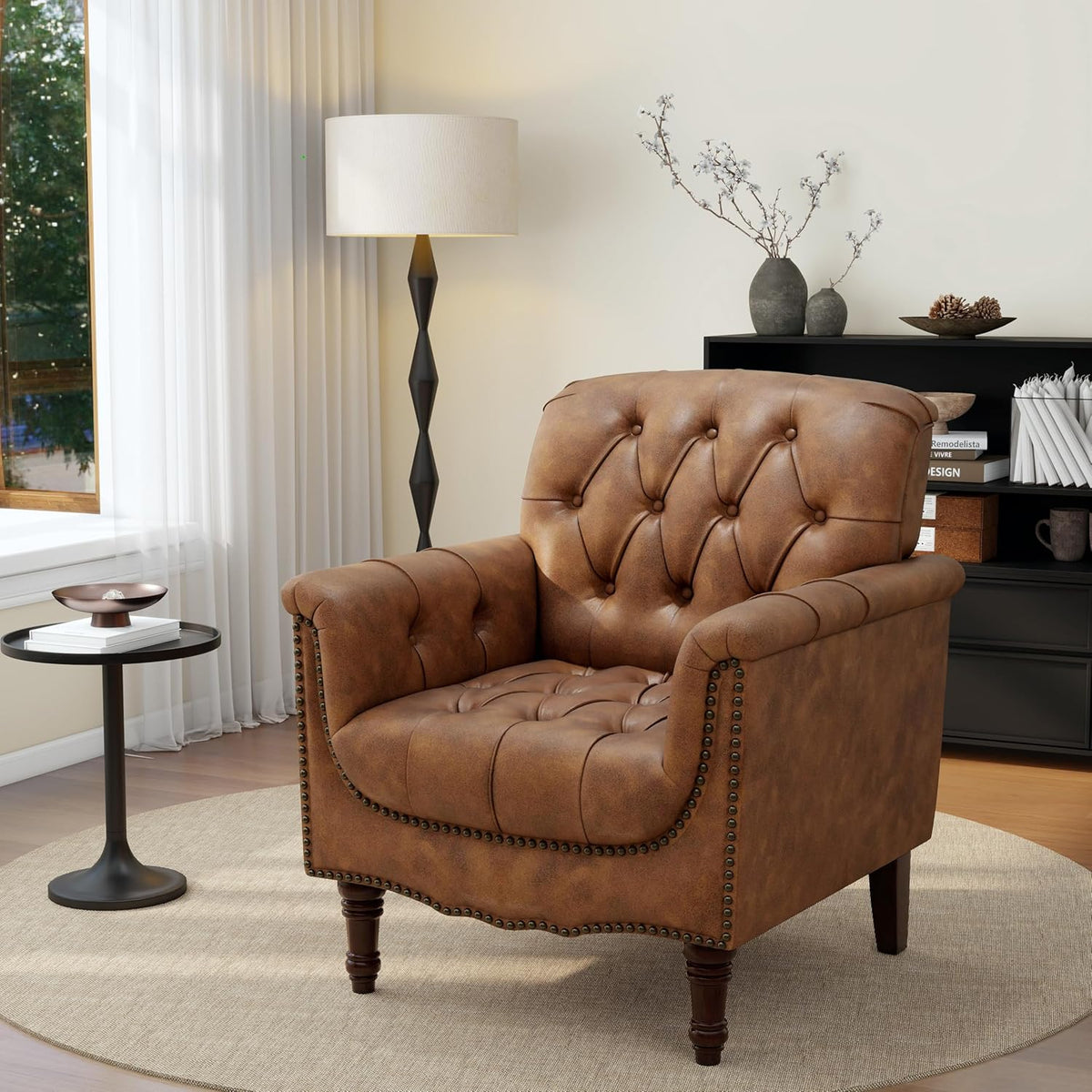 PU Leather Accent Chairs Set of 2, Comfy Club Chair Upholstered Armchair for Living Room, Button Tufted Arm Chair Retro Single Sofa Side Reading Seat for Bedroom (Brown)