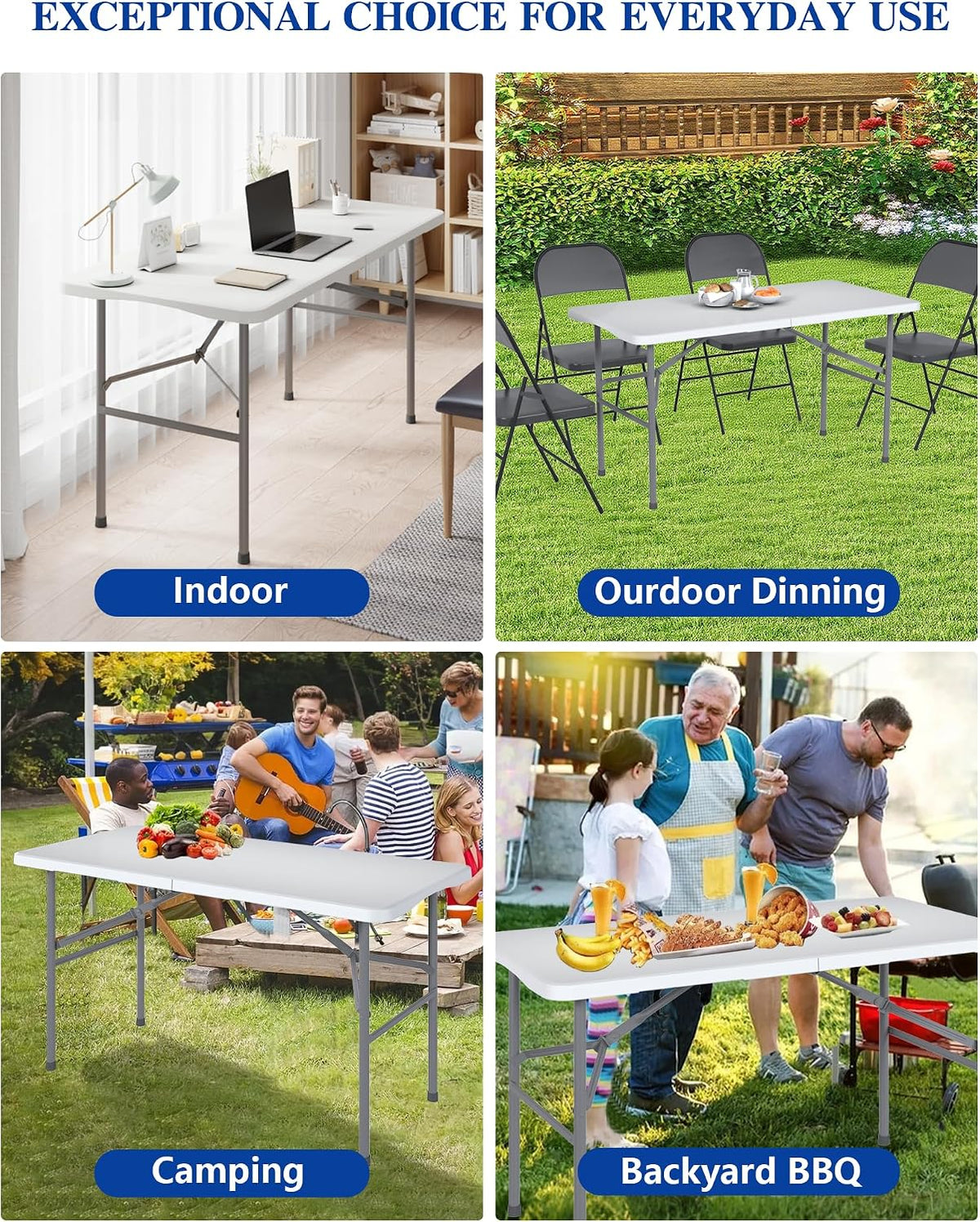 4FT Folding Tables – Heavy Duty Portable Foldable Picnic Table with Built-in Handle, 450 lb Capacity – Ideal for Events, Parties, Crafts, Camping & Dining (4-Pack, White)