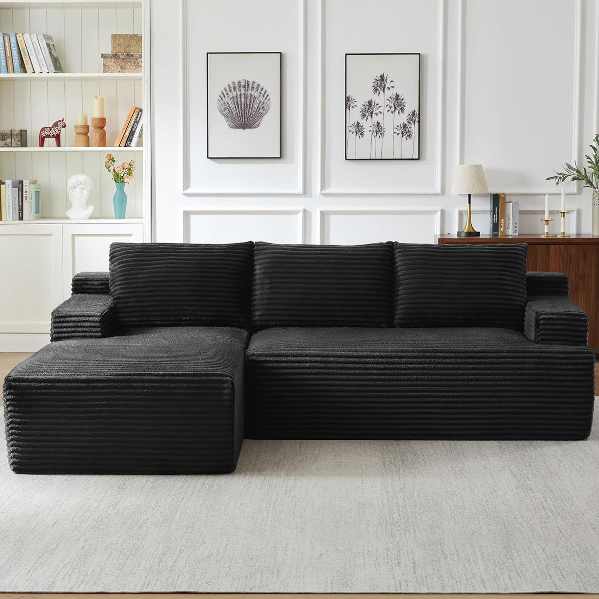 Eafurn 96" L Shaped Cloud Sectional Couch with Chaise, Deep Seat Modular Sectional Sofa Corduroy Memory Foam Sofa Couches for Living Room Bedroom, No Assembly Required, Black