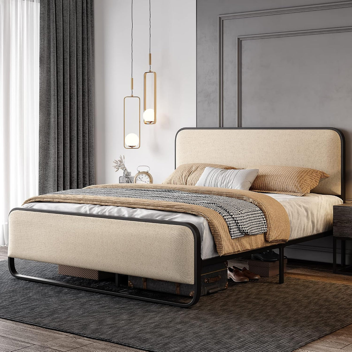 SHA CERLIN Full Size Metal Bed Frame with Upholstered Headboard, Beige