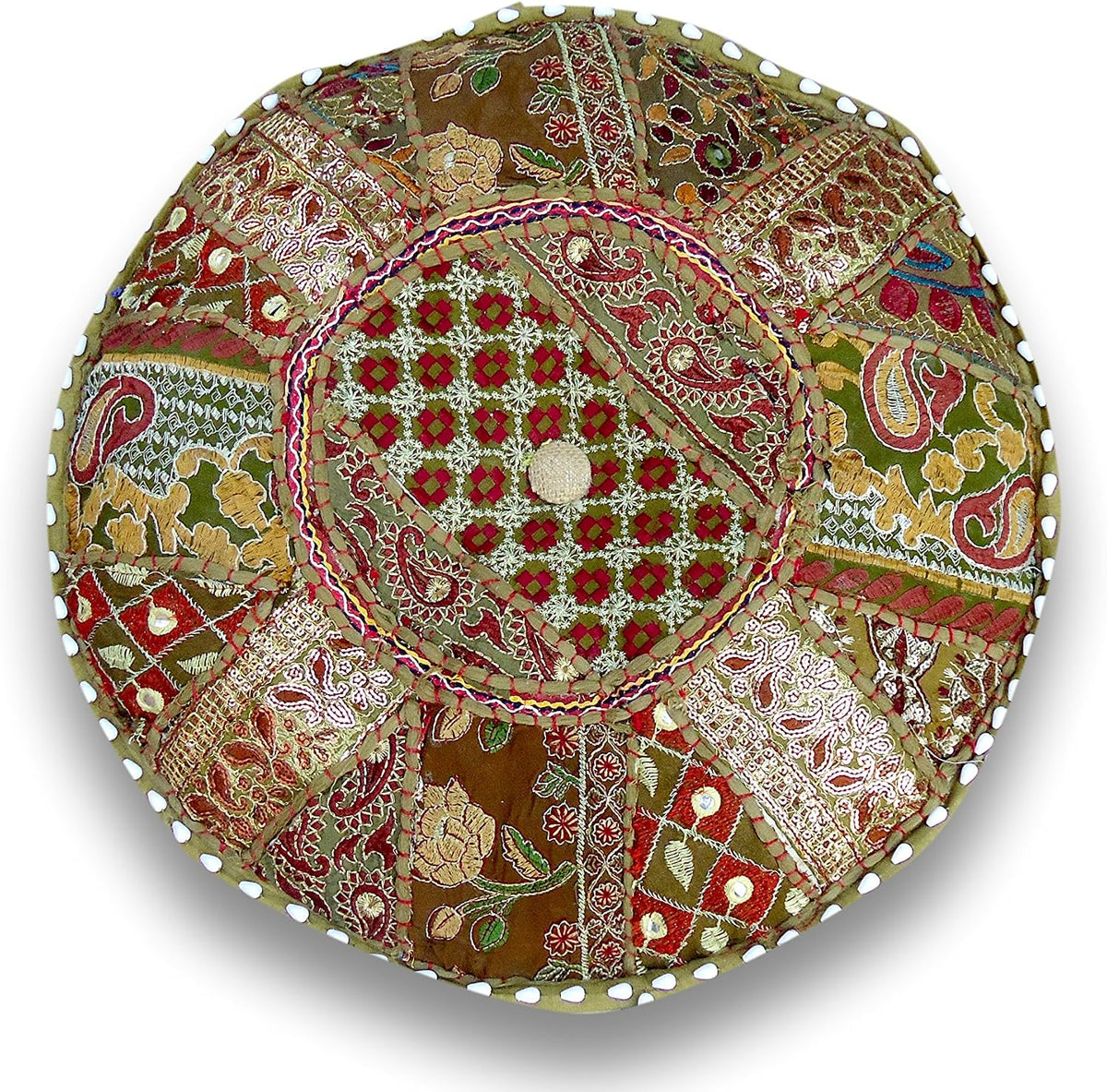 Sophia Art Indian Pouf Stool Vintage Patchwork Embellished with Patchwork Living Room Ottoman Cover, 18 X 13 Inches(Mhendhi Green)