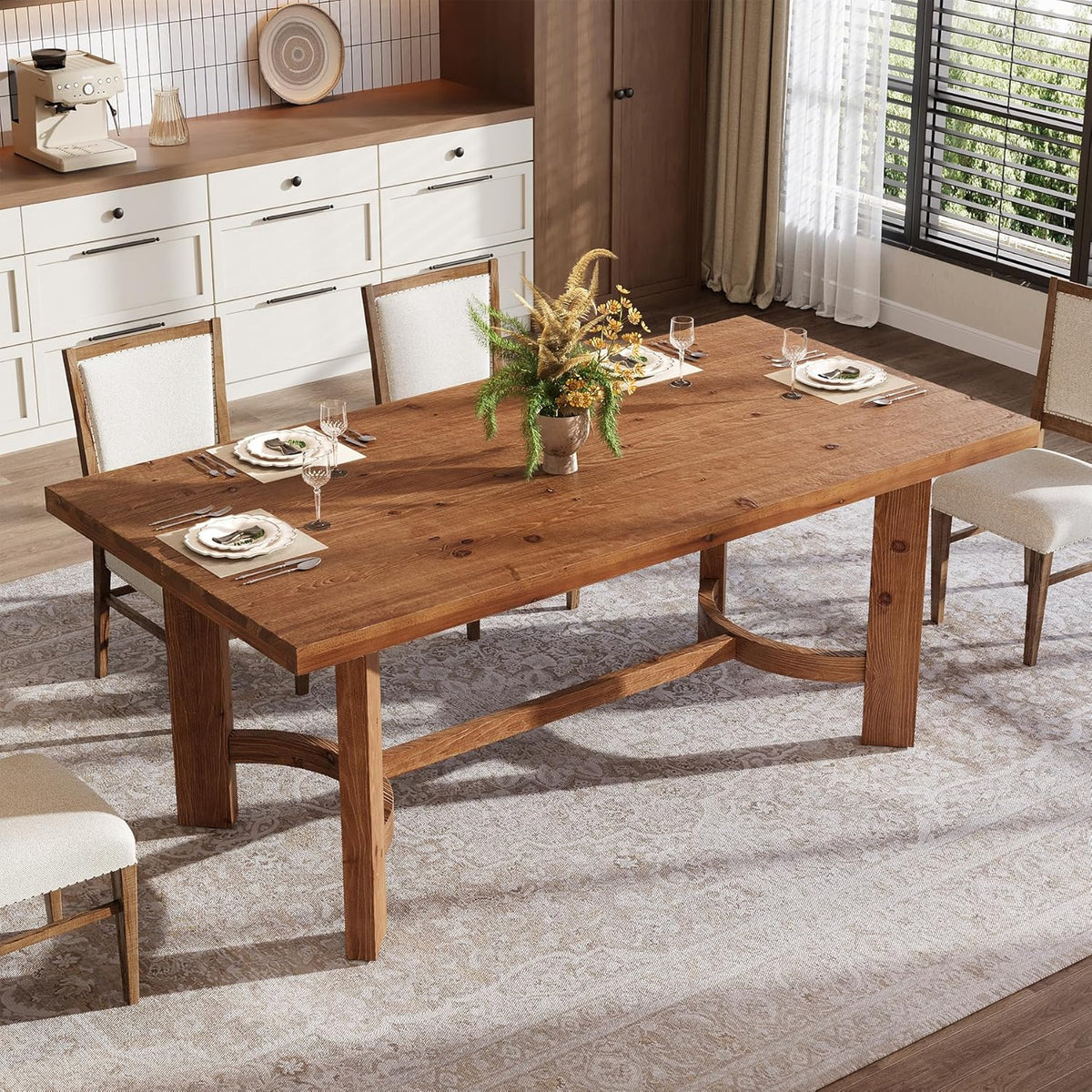 63" Solid Wood Dining Table for 4-6, Farmhouse Rectangle Kitchen Table with Thicken Tabletop and Sturdy Construction, Modern Wooden Dinner Table for Dining Room, Kitchen, Walnut