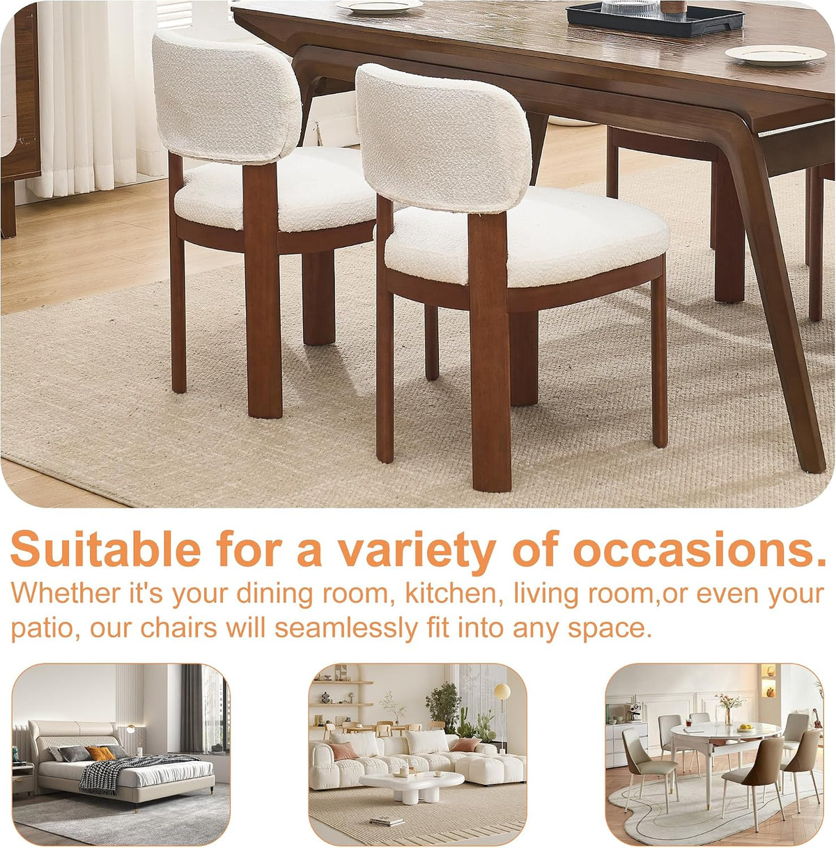 Dining Chairs Set of 2, Teddy Teddy Upholstered Kitchen Chairs with Curved Backrest and Solid Wood Legs, Farmhouse Side Chairs for Restaurant Cafe Living Room (White+Brown Legs)