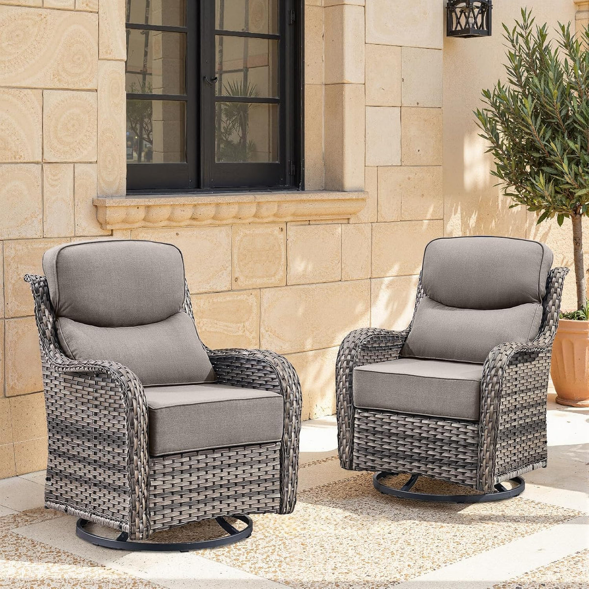 Swivel Patio Chairs sofa Set of 2 with 6" Thick Cushion - Wicker Outdoor Swivel Rocker Patio Chair ,Sofa/Glass coffee table, High Back Comfortable Outdoor Glider Chairs - Grey Wicker | Grey Cushions