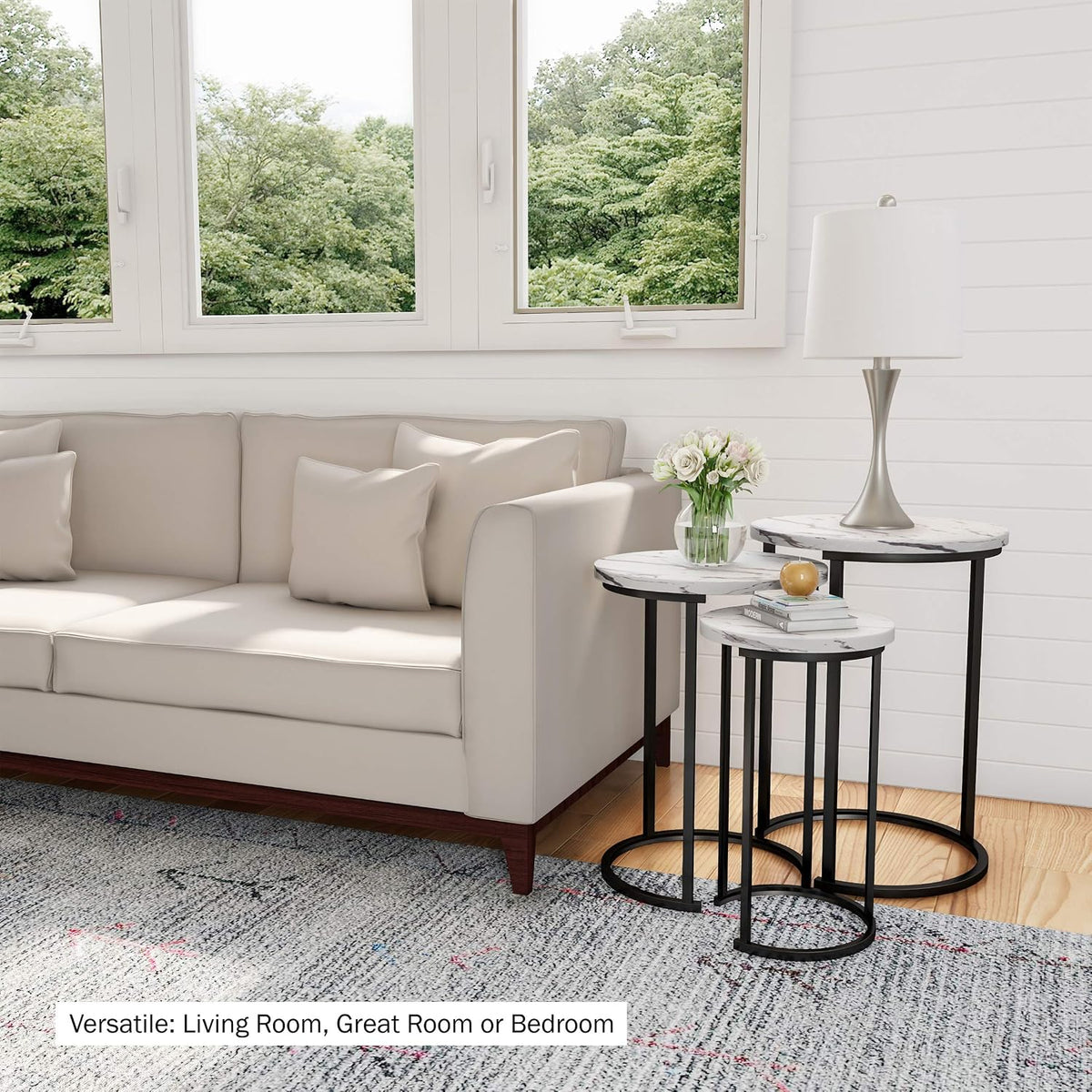 Lavish Home Round Nesting Tables Set of 3, Faux Marble Tabletop, White | 25”H / 22.5”H / 20.25”H Modern Side Tables, Space Saving Accent Table Set, for Living Room, Bedroom, Dorm or Home Office
