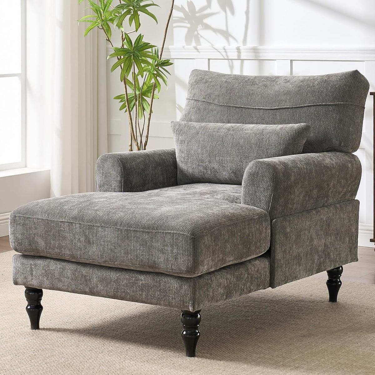 KEIKI Chaise Lounge Chair Indoor, Modern Leisure Sleeper Sofa Chair w/Double Deep Cushion, Accent Upholstered Reading Side Armchair, Recliner Arm Chairs for Living Room & Bedroom, Easy Assembly, Gray