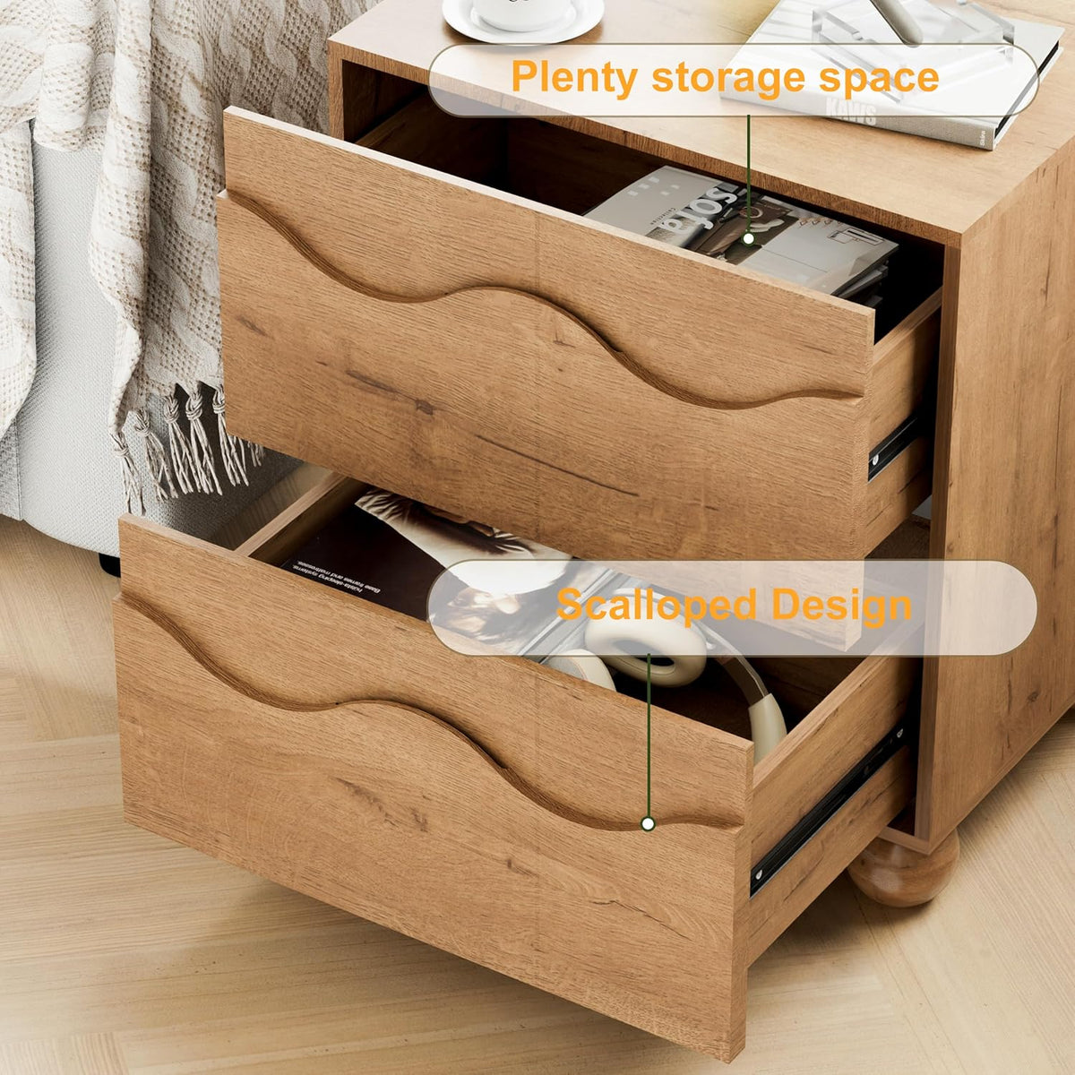 Anbuy Scalloped Nightstand for Bedroom with 2 Drawers, Modern Night Stand with Hidden Handle, Wooden End Table, Fluted Wood Bedside Table for Living Room, Natural Oak